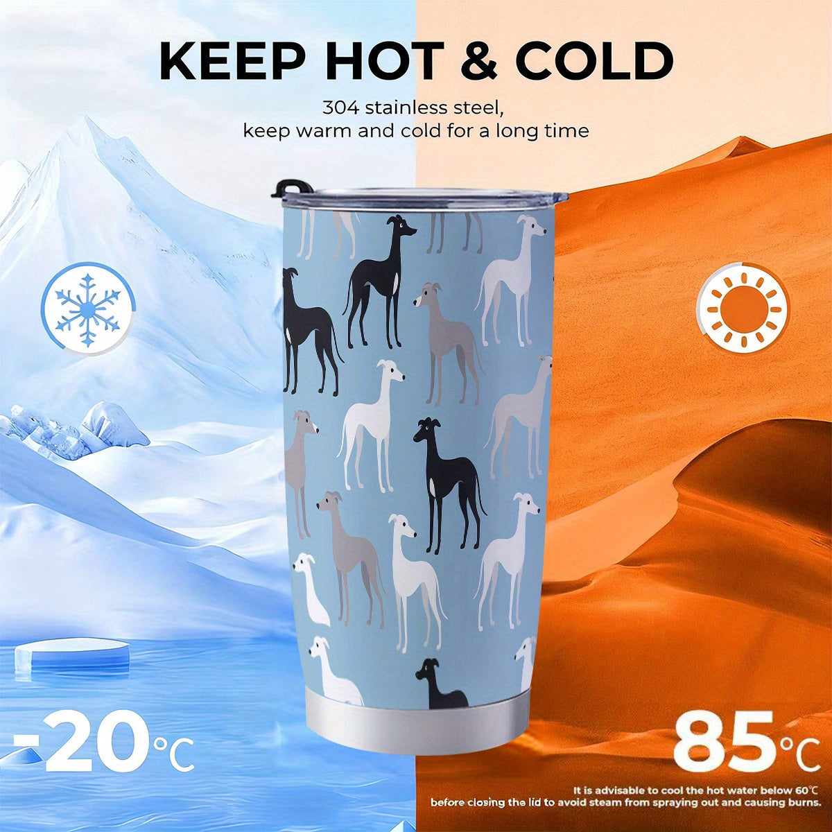 1pc Greyhound Dog Design 20oz/600ml Stainless Steel Tumbler with Straw & Lid - Double-Wall Insulated Cup, Leakproof & -Slip, 304 Stainless Steel Travel Mug for Coffee, Gym, Office, Car - Greyhound Pattern Insulated Bottle Gif