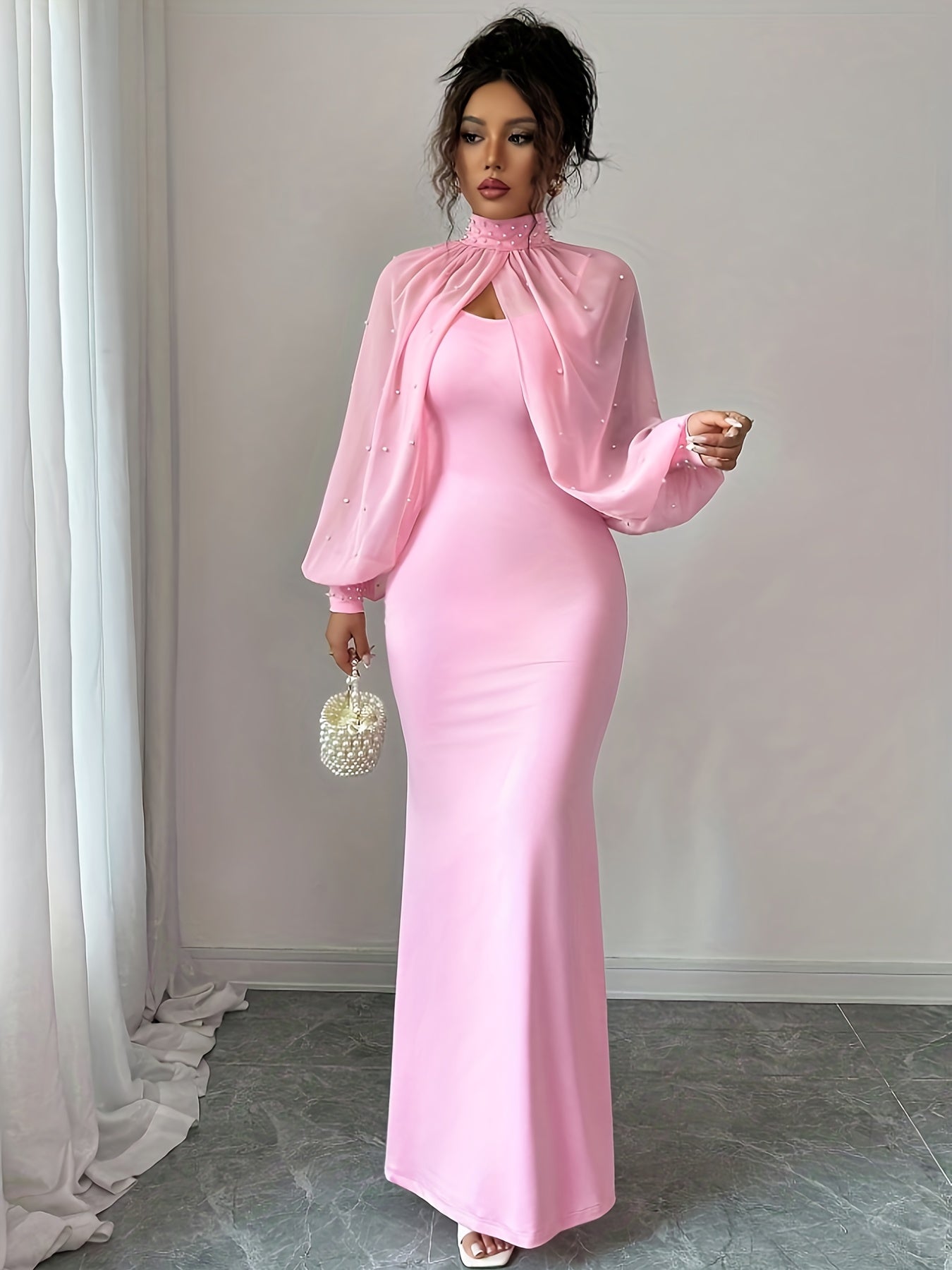 WY251221079 Elenzga New Elegant Mature Charm Evening Gown, Graceful and Gentle, Dreamy Pink, Hand-beaded Long Sleeve Top, Elegant Mermaid Fit Strapless Dress Set, Spring/Summer Women's Wear