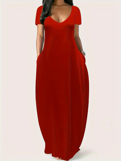 Solid Simple Dress, Casual Short Sleeve Maxi Dress With Pockets, Women's Clothing