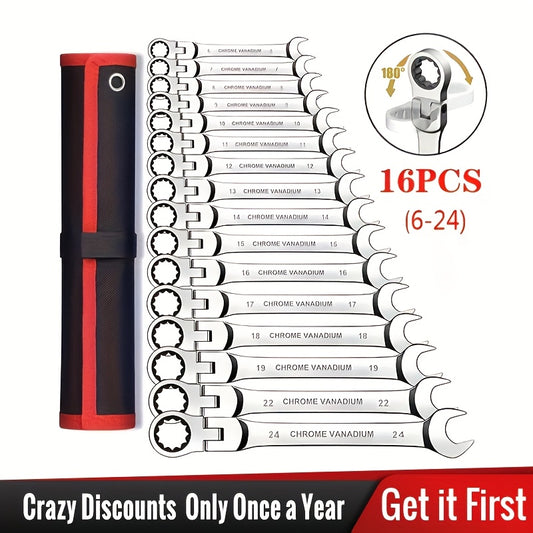 8pcs Ratchet Wrench Set | 72 Teeth 180° Flexible Head | CR-V Chrome Vanadium Steel Rust-Resistant and Durable | Includes Drawstring Bag for Storage | Suitable for Automotive/Home DIY Repair