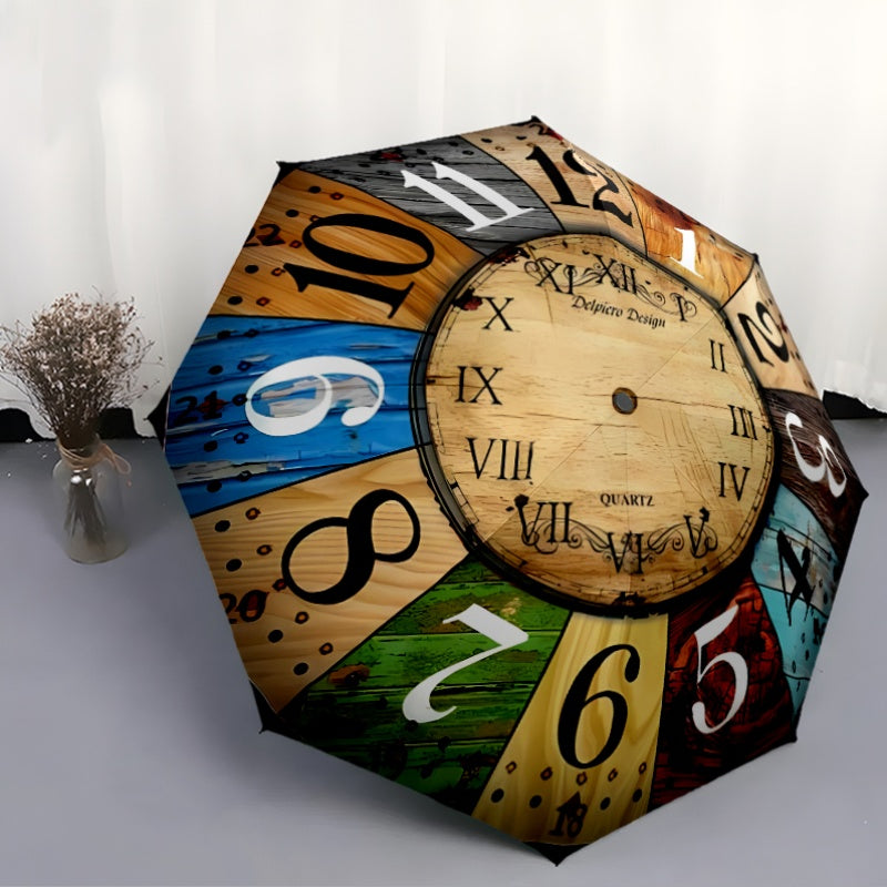 Automatic Open/Close Umbrella with 8 Metal Ribs - Vintage Clock Design, Windproof & Portable Sunshade, Compact Folding Umbrella for Women/Men, Halloween/Christmas Gifts (Brown/Blue/Green/Red/Black/White/Teal/Beige) - Model K0