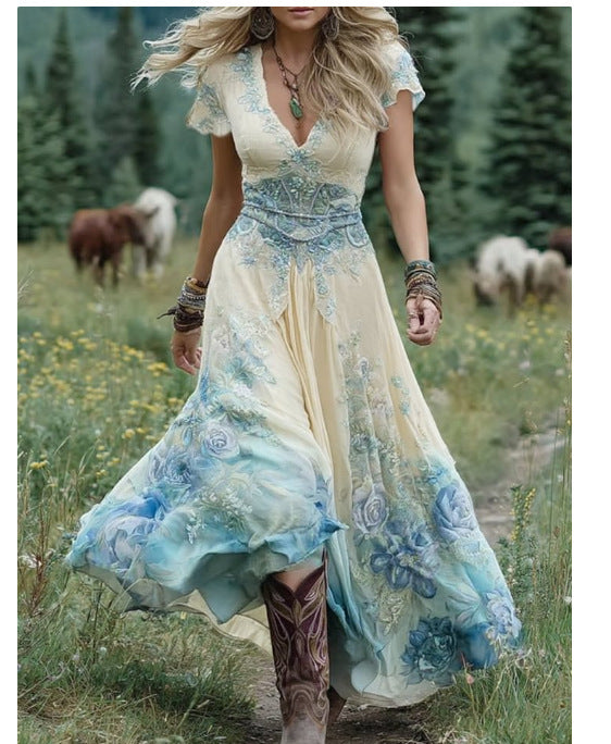 Women's Bohemian A-Line Midi Dress with Pockets - Short Sleeve V-Neck Blue Purple Pink Green Floral print Dress, Lightweight Breathable Fabric Suitable for Spring Summer Fall, Casual to Semi-Formal Occasions