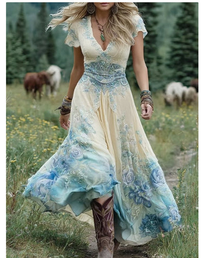 Women's Bohemian A-Line Midi Dress with Pockets - Short Sleeve V-Neck Blue Purple Pink Green Floral print Dress, Lightweight Breathable Fabric Suitable for Spring Summer Fall, Casual to Semi-Formal Occasions