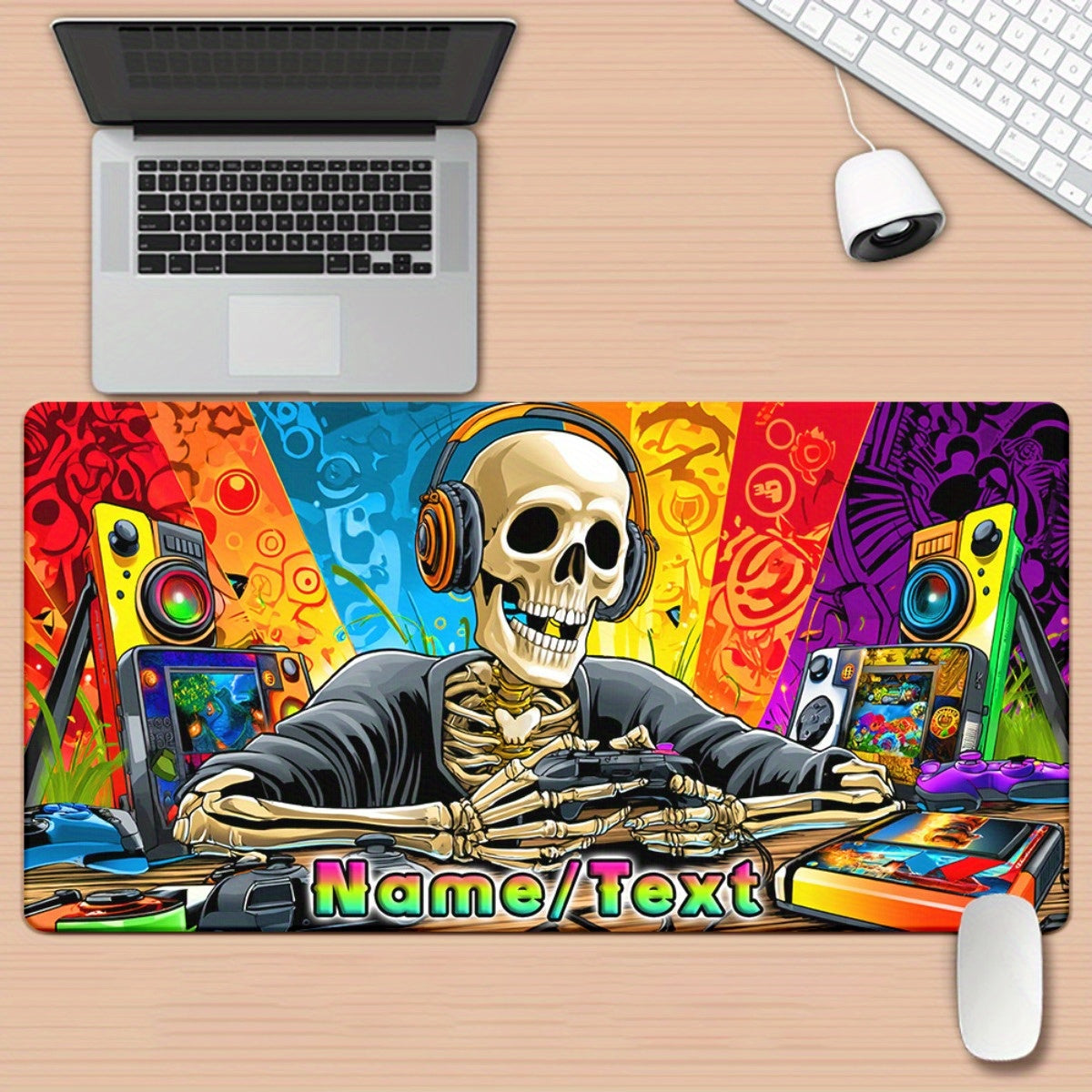 Customizable Skull Music Gaming Mouse Pad - XXL Multi-Functional Desk Mat with Vibrant Headphone & DJ Setup Design, Personalized Name/Text, Durable Rubber Base for PC, Office, Gaming - Unique Gift for Gamers & Music Lovers, M