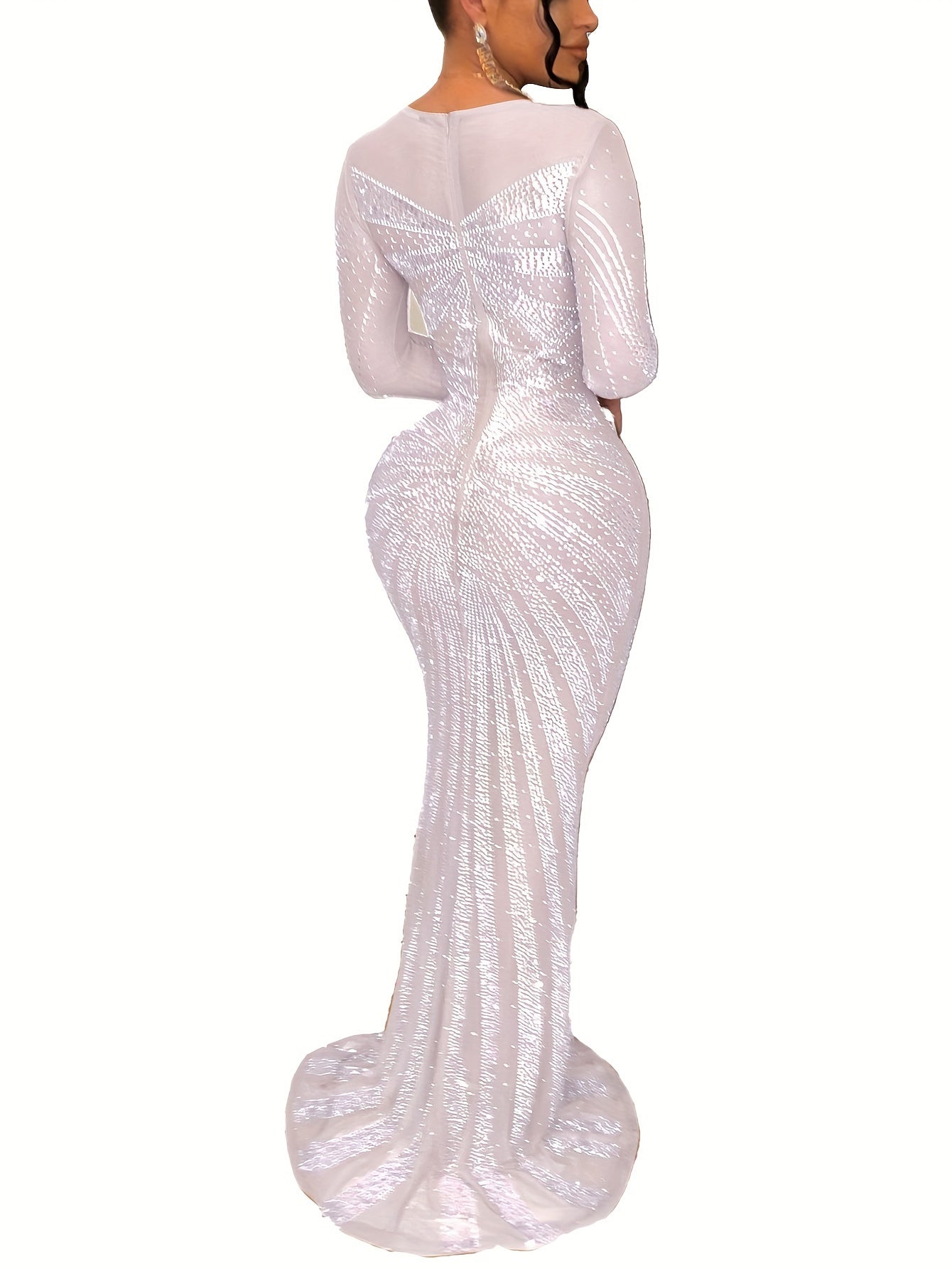 Long Sleeve Maxi Dress - Elegant Sheer Mesh with Rhinestone Detail - Bodycon Fit for Women - Perfect for Spring/Summer/Fall