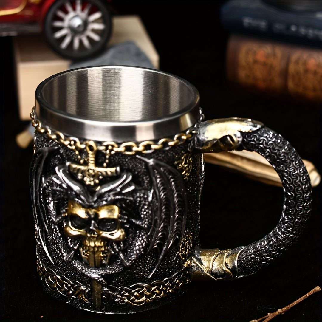 Medieval Collectible Drinkware (Hand Wash Only) - 2024 Dragon Warrior Gothic - 3D Dragon & Skull Coffee Mug & Beer Cup - Stainless Steel Insulining Cup with Celtic Knot Design - Viking-Themed Gift for Men - Christmas - Hallow
