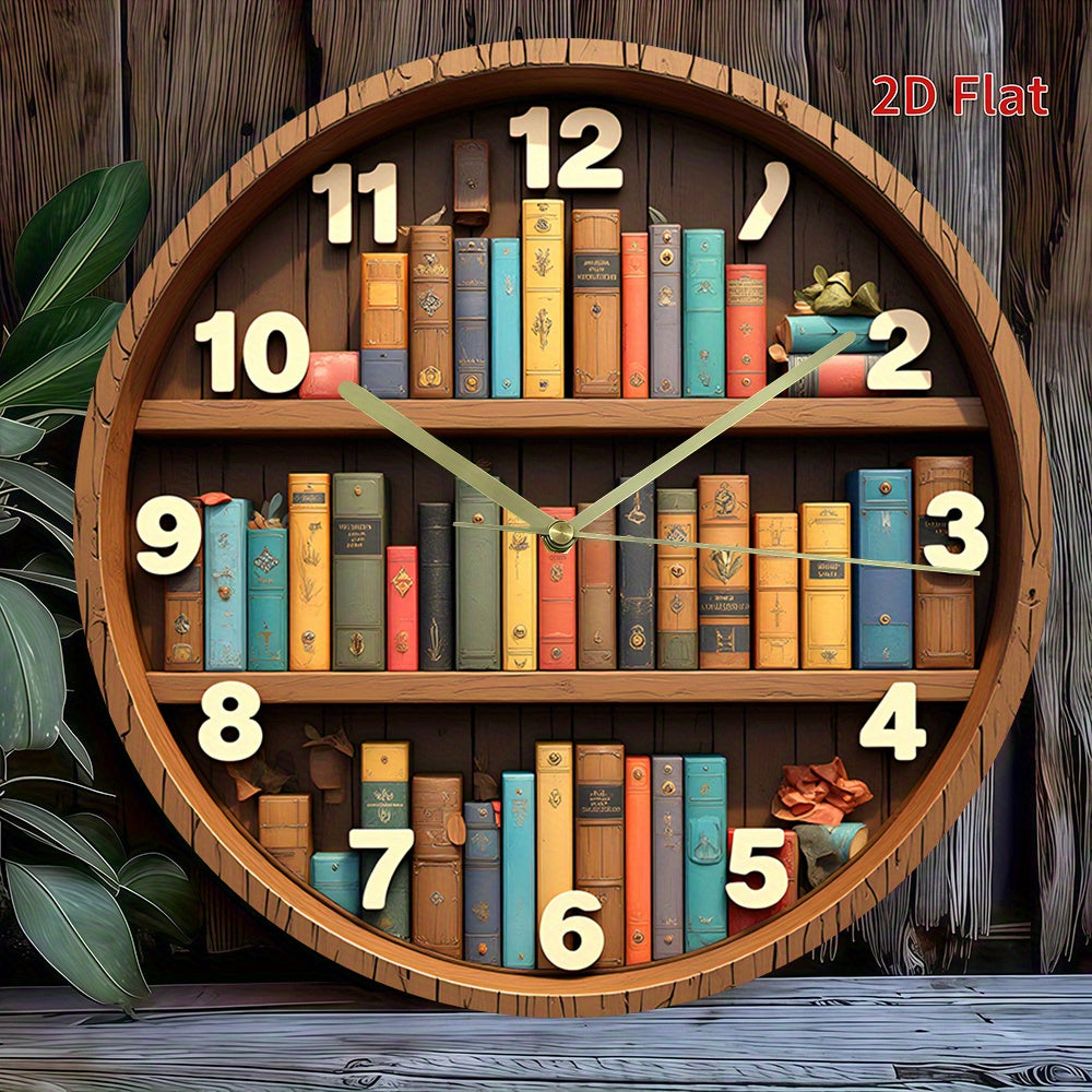 2D Flat, 1pc Bookshelf Wall Clock - Silent Non-Ticking Battery Operated (AA Batteries Not Included) - Vibrant Book Design with 12 Numbers, Acrylic Material, Perfect for Home, Office, Bedroom Decor - Unique Christmas Gift Idea