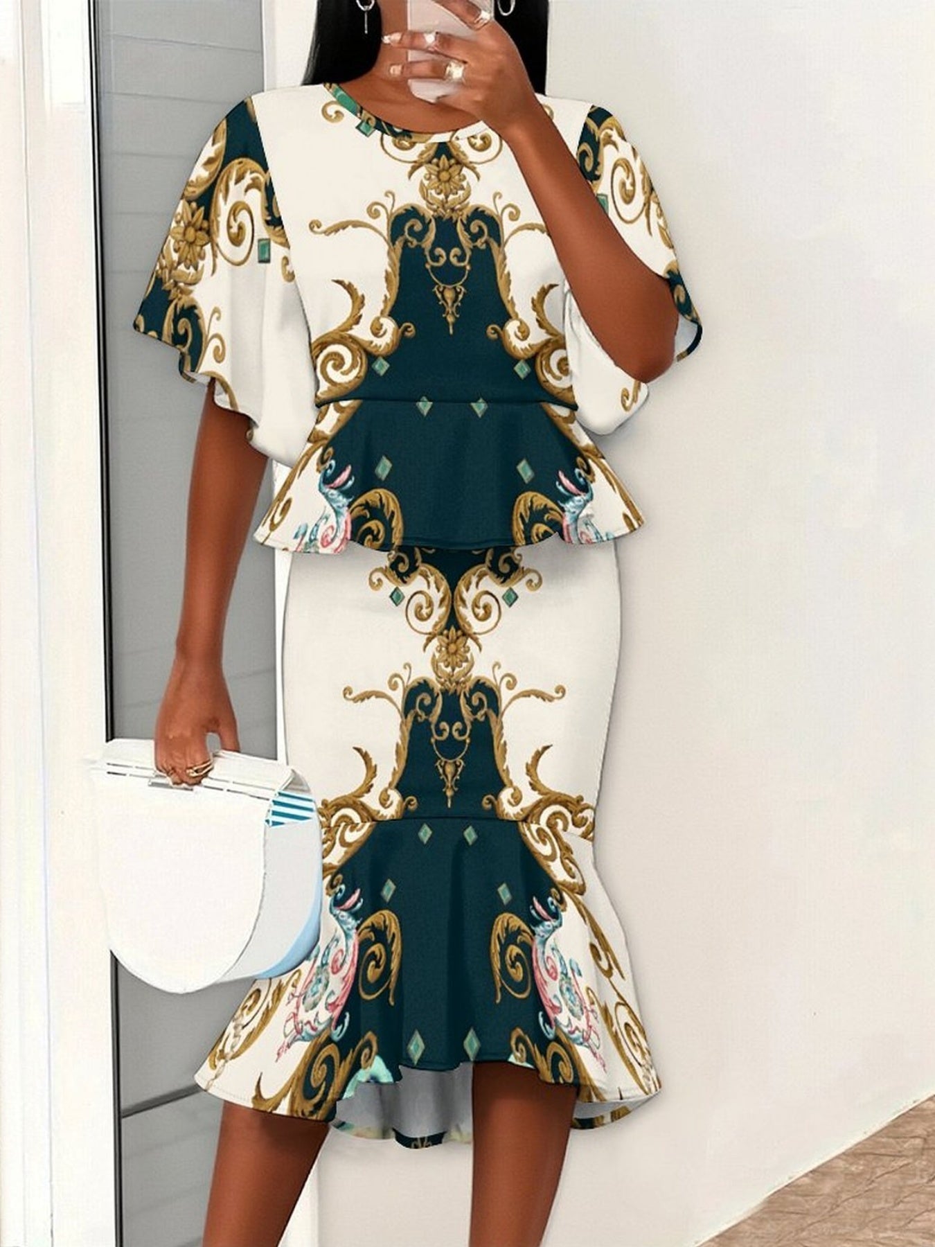2pcs Women'S 3D Printed Outfit | Short-Sleeve Top & Mermaid Hem Skirt with Vibrant Geometric All-Over Print, Unique Textures, Comfortable Fabric, Elegant & Trendy Style for Casual Outings