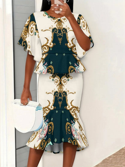 2pcs Women'S 3D Printed Outfit | Short-Sleeve Top & Mermaid Hem Skirt with Vibrant Geometric All-Over Print, Unique Textures, Comfortable Fabric, Elegant & Trendy Style for Casual Outings