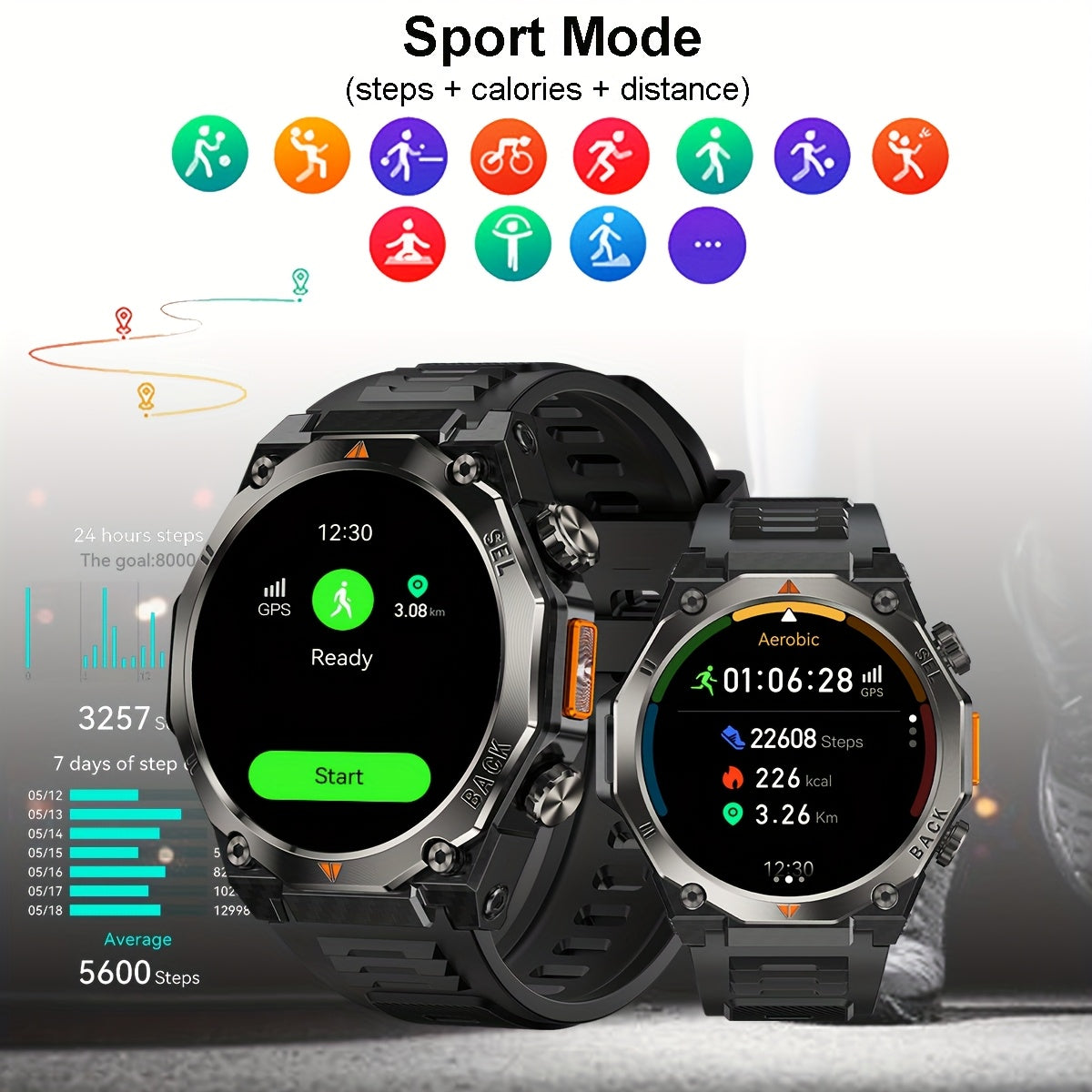 COIUSOR Men'S GPS Smartwatch with Built-in LED Flashlight & Compass, 1.46" AMOLED HD Display, IP68 Waterproof, Battery, 100+ Modes, IP68 Rugged Design, Fitness Tracker