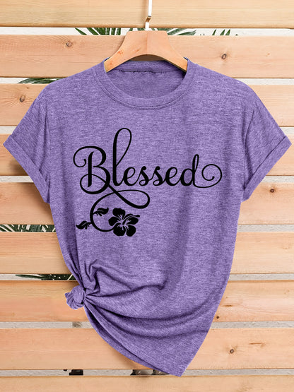 Women's Casual Short Sleeve T-Shirt - Blessed Floral Print Retro Style, Soft Stretch Round Neck Top, Machine Washable All-Season Comfort, Multi-Color Options S-XXL, Ladies T Shirts