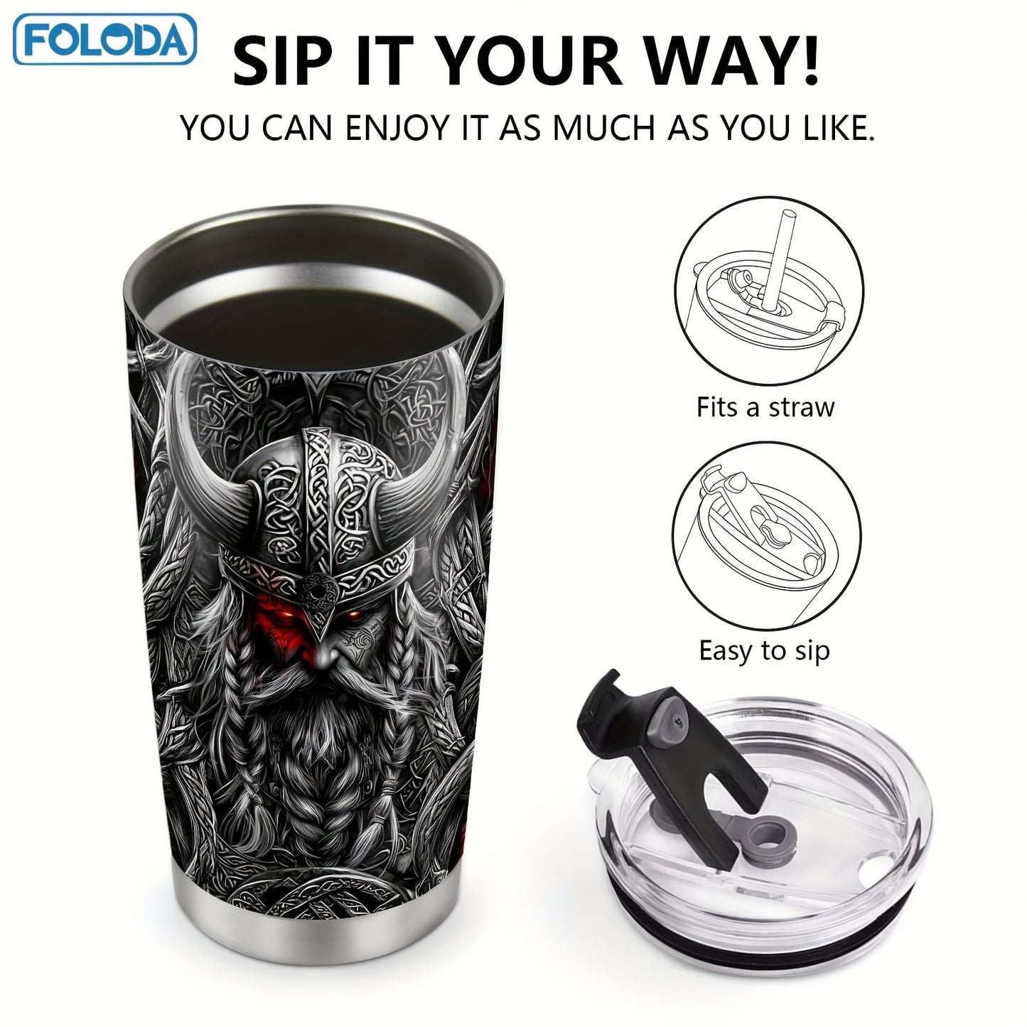 Foloda 20oz Viking Stainless Steel Tumbler with Leak-Proof Lid & Straw, BPA-Free Insulated Travel Mug, Oval Ergonomic Grip, Norse Warrior Design for Hot/Cold Drinks - Durable Outdoor Drinkware, Bpafree Material