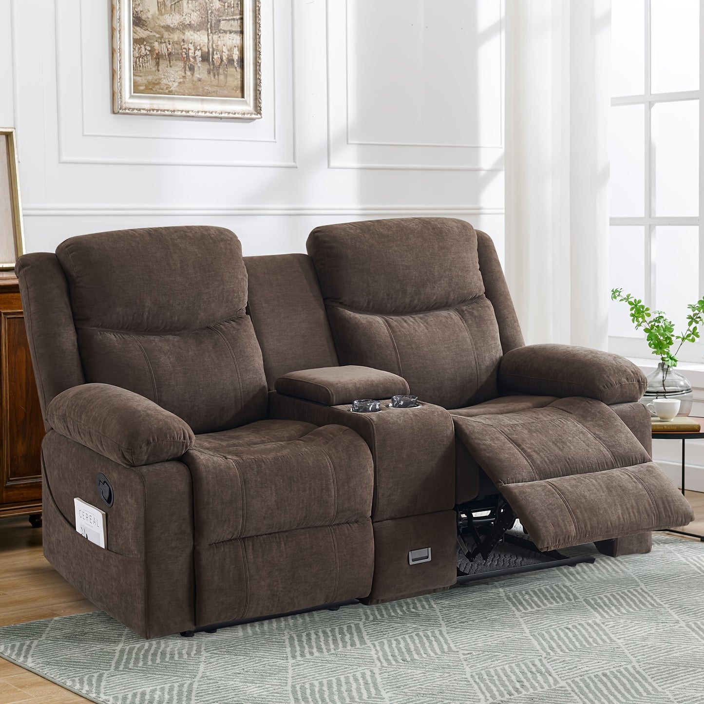 Consofa Loveseat Recliner Sofa - Manual Recliner Loveseat With Console, Modern Chenille Sofa Sleeper Deep Couches With Cup Holders And Side Pocket - Brown - For Living Room/Office/Apartment - Perfect for Relaxation and Entert