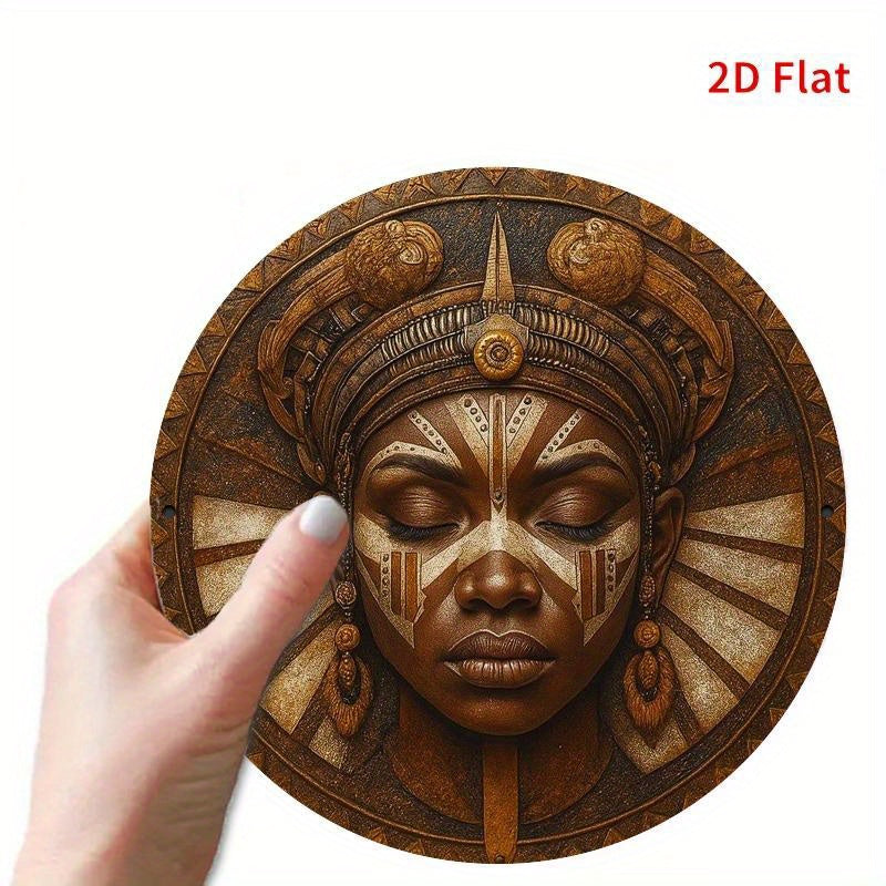 2D Flat, 1pc African Mask Round Metal Wall Art - Vibrant & Tranquil Decor for Living Room, Bedroom, Porch, Front Door - No Electricity Needed, Artistic Design with Textured Metal Finish, Perfect for Room Decor, African Home D