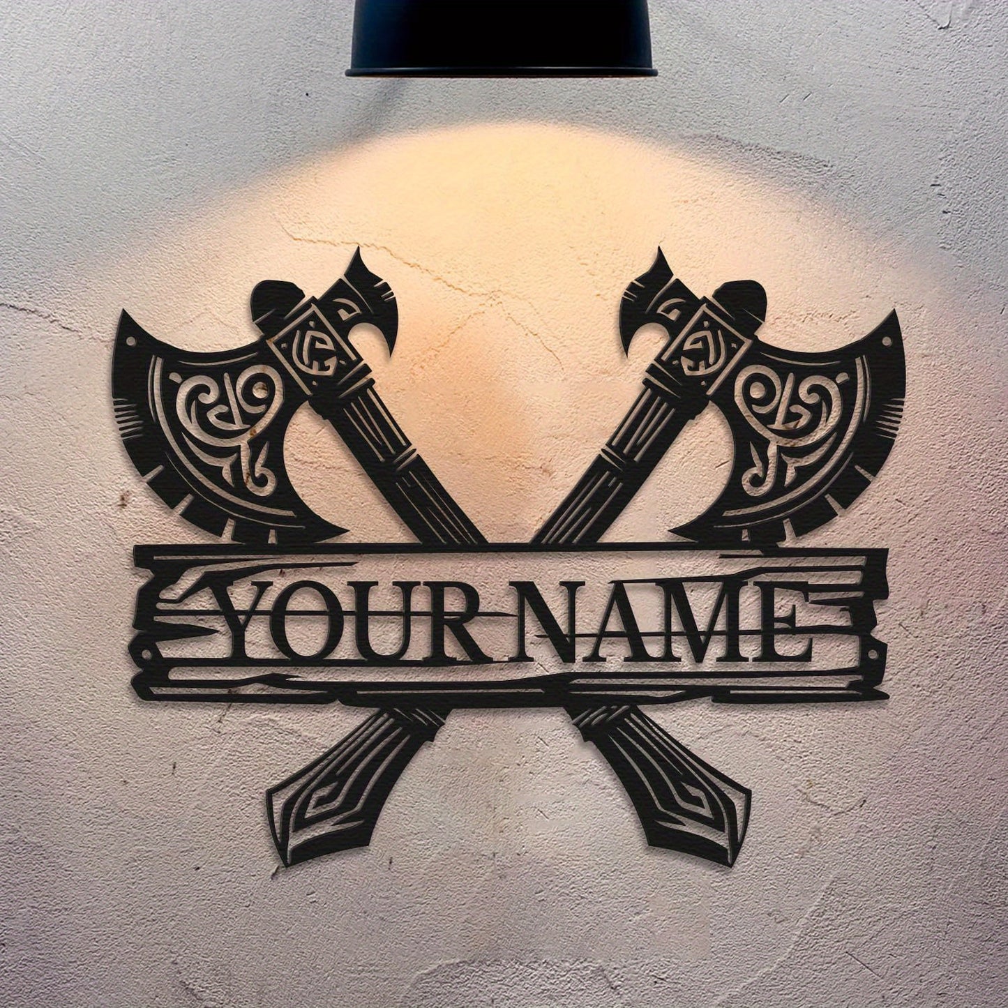 Custom Viking-Style Metal Wall Sign - Personalized Name with Crossed Axes Design, Black Aged Finish, Horizontal Rustic Metal Art for Living Room, Halloween, Christmas & Thanksgiving Home Decor
