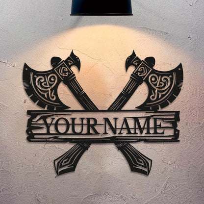 Custom Viking-Style Metal Wall Sign - Personalized Name with Crossed Axes Design, Black Aged Finish, Horizontal Rustic Metal Art for Living Room, Halloween, Christmas & Thanksgiving Home Decor