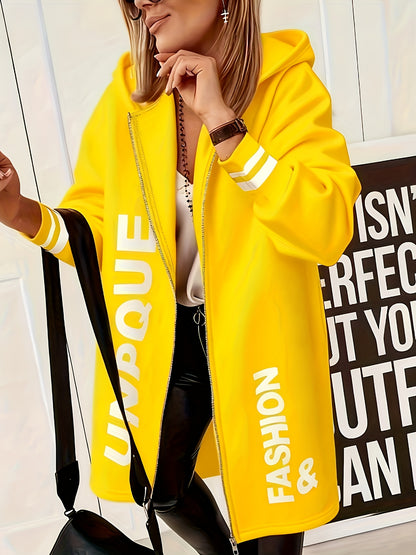 Hooded Fashion Casual Jacket - Women's Autumn And Winter Letter Print - Black Mid-Length Zip-Up Cardigan - Loose And Relaxed Style - Eye-Catching Letter Decoration - Perfect for Everyday Commuting Outings