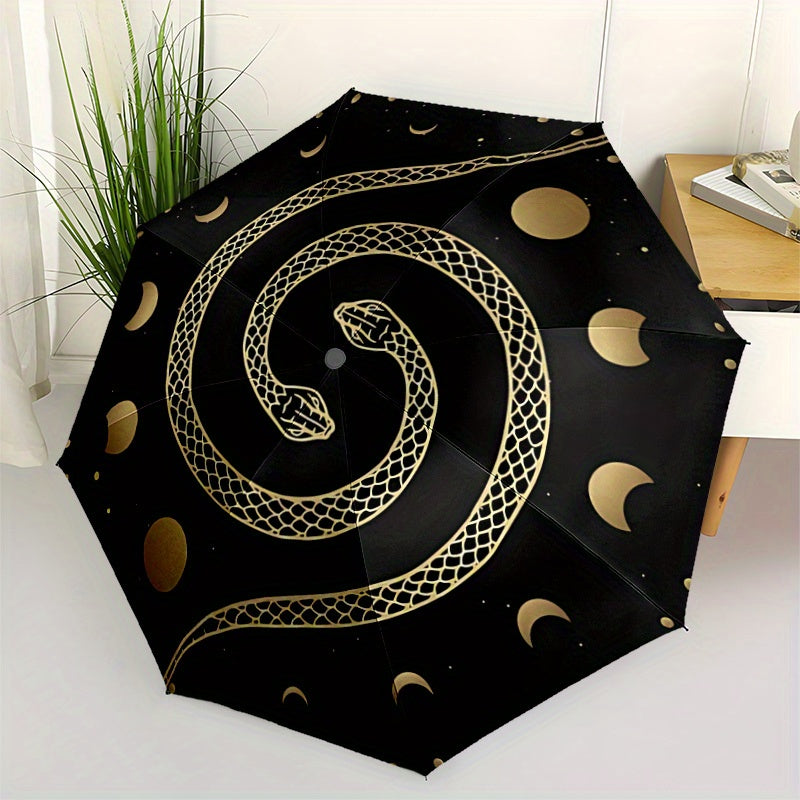 1pc Automatic Open/Close Umbrella with One-Touch Button, Folding Compact Travel Umbrella, Sturdy 8-Rib Canopy, Lightweight Portable Design, Elegant Black & Golden serpent & moon phases pattern - Windproof for Commuting, Forma