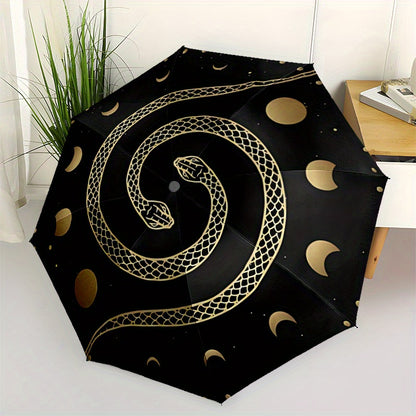1pc Automatic Open/Close Umbrella with One-Touch Button, Folding Compact Travel Umbrella, Sturdy 8-Rib Canopy, Lightweight Portable Design, Elegant Black & Golden serpent & moon phases pattern - Windproof for Commuting, Forma