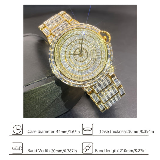 1pc PLADEN Luxury Men'S Square Ice Watch with Rhinestones, Fashion Hip-Hop Faux Faux Faux Gemstone, Round Dial, Alloy Band, Quartz Movement, Battery Operated, Water Resistant, for Party, New Year, Independence Day, Ramadan