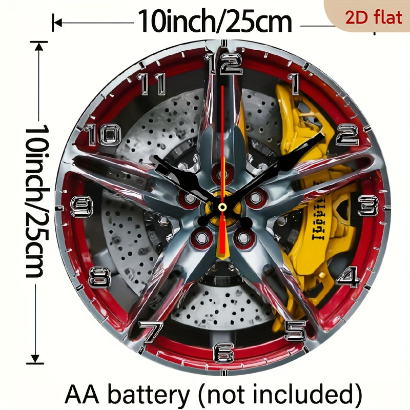The 2D flat decorative plaque wall clock with the theme of "Exquisite car wheel hub" is equipped with a silent quartz movement. It is an ideal choice for wall decoration and also an excellent gift for birthdays, fireworks, Ch