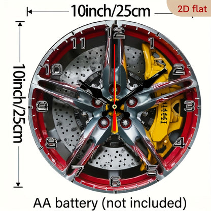 The 2D flat decorative plaque wall clock with the theme of "Exquisite car wheel hub" is equipped with a silent quartz movement. It is an ideal choice for wall decoration and also an excellent gift for birthdays, fireworks, Ch