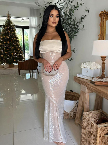 Plus Size, Plus Size Women's Elegant Mermaid/Fishtail Evening Gown - Strapless Sparkling Sequin -Neck Wedding Prom Dress with Asymmetrical train, Long Mermaid/Fishtail Tail, Machine Washable (No Bust Padding/Alterations) Suit