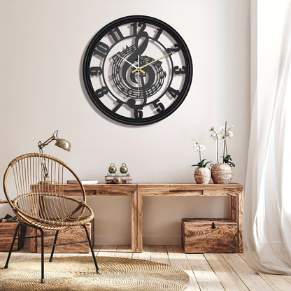 [1pc Music Note Wall Clock] 1pc Music Note Design 16-Inch Metal Wall Clock, Silent Mechanical Movement, Round Shape, Battery Operated with AA Battery (Not Included), Perfect for Classroom, Living Room, Party, Hallway, Housewa