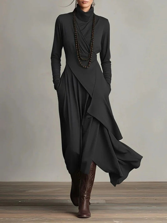 Plus Size - HERTALK Women'S Solid Color Long-Sleeved Cross High-Neck Dress Long Dress