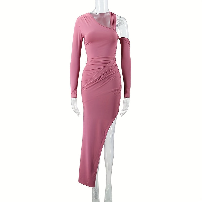 Sexy Mauve One-Shoulder Bodycon Maxi Dress with High Slit - Evening Gown, Party Wedding Prom Dress, Machine Washable Thigh-High Split Dress for Spring/Summer Events (Stock Available)