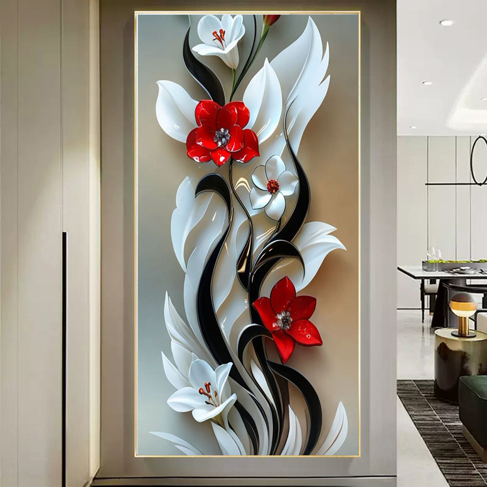 DIY 5D Diamond Painting Set, Various Sizes 50*100cm 19.68*39.37inch; 60*120cm 23.62×47.24inch, Black and White Flower Decorated Red and White Theme. Suitable for Home and Office Decoration. Full Diamond Canvas Art Furniture