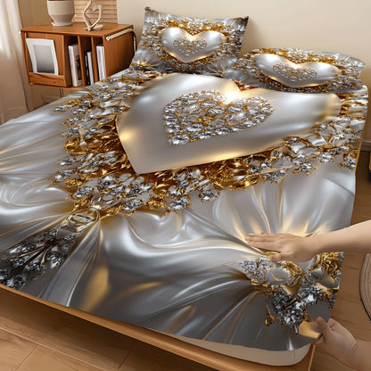 3pcs Heart Jewel Print Fitted Sheet Set, Golden Heart with Gemstones, Breathable Polyester, Machine Washable for All Seasons Ideal for Bedroom Guest Room Master Suite and More Includes 1 Fitted Sheet and 2 Pillowcases No Matt