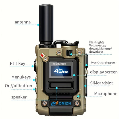 Global Walkie Talkie 5000 Km Real-Time Call, Two-Way Radio PTT with Flashlight, Aluminum Alloy Body, Includes 2.4G/3G/4G/5G and Other Functions, Rechargeable Battery, 172 Countries Coverage, Portable Wireless Mobilizer for Hi