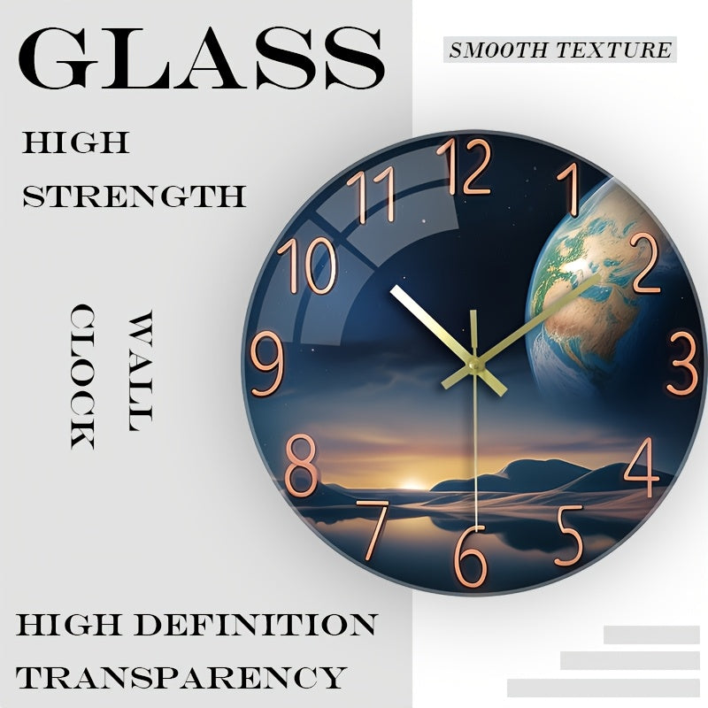 12 Inch Space-Themed Earth Landscape Wall Clock - Thick Tempered Glass, Silent Non-Ticking Modern Round Clock for Living Room, Bedroom Decor - Perfect Birthday & Holiday Gift (AA Battery Operated, Not Included), Sleek Hour Ma