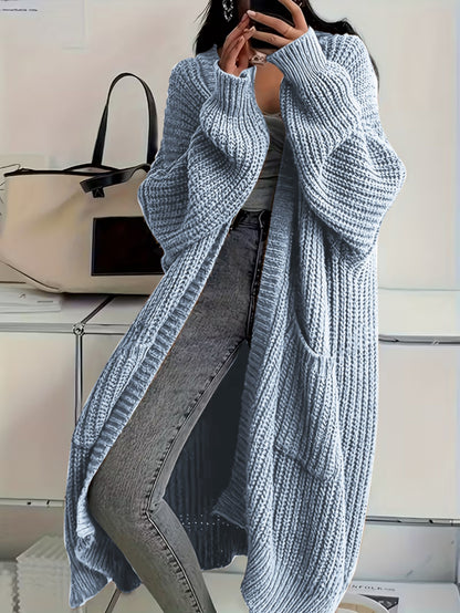Plus Size, Solid Color Plus-Size Women's Long Pocket Cardigan Loose Over-the-Knee Sweater Coat Fashion Versatile Outerwear