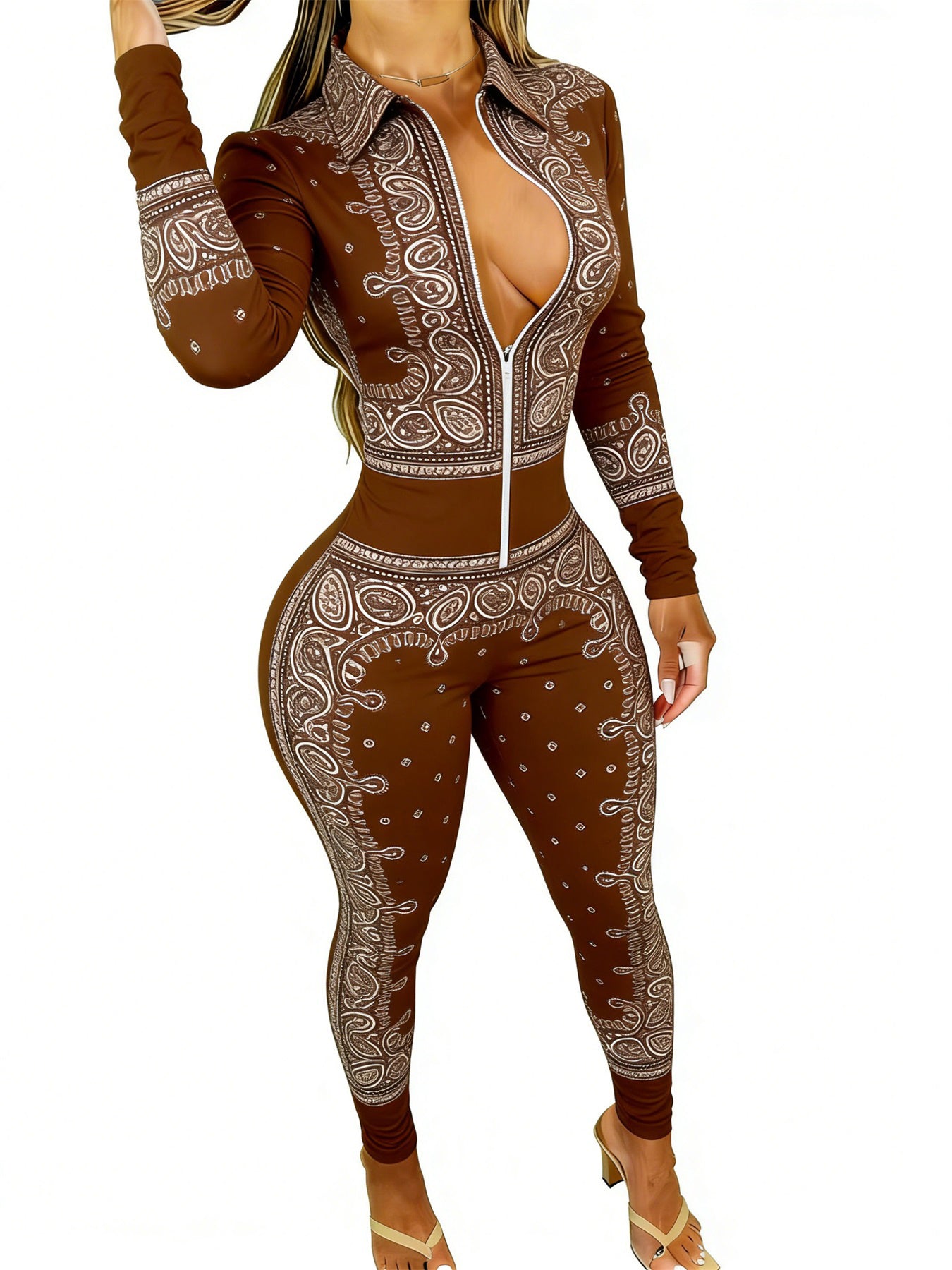 Brown Women's Long Sleeve Jumpsuit with Paisley Print - Slim Fit, Stylish & Sexy for Dates, Parties & Daily Outings, Sizes 2XS-2XL