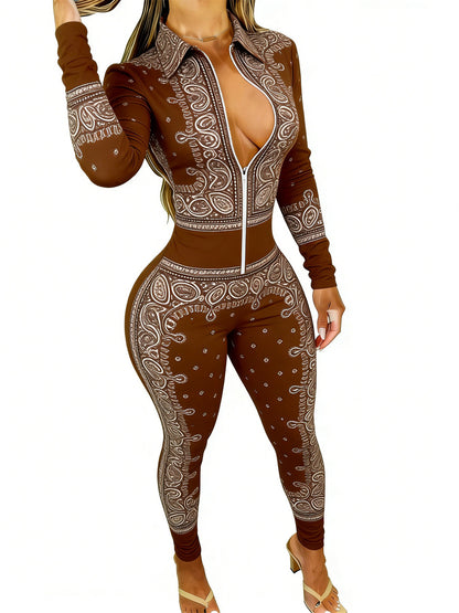 Brown Women's Long Sleeve Jumpsuit with Paisley Print - Slim Fit, Stylish & Sexy for Dates, Parties & Daily Outings, Sizes 2XS-2XL