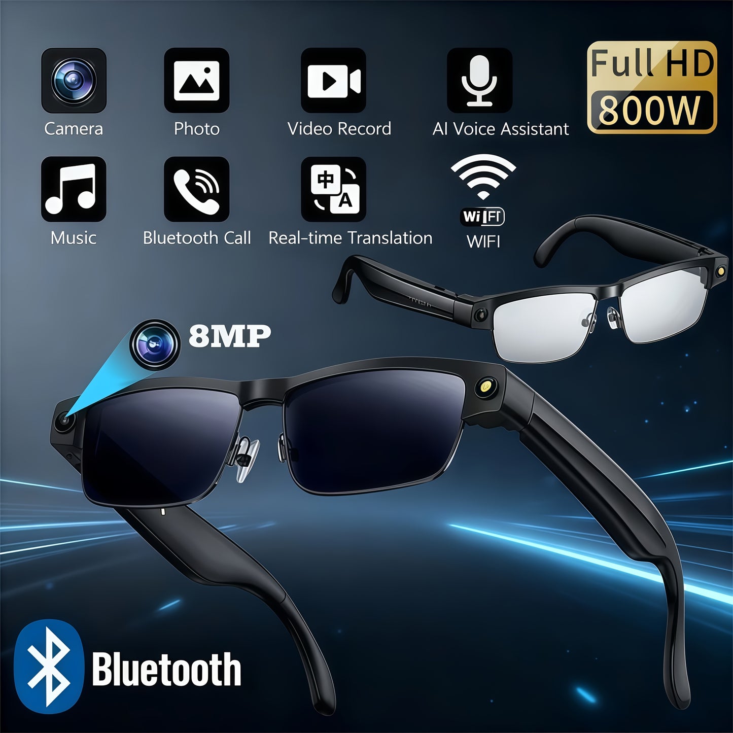 AI Smart Glasses, Equipped With An 8-megapixel Camera, 1080P High-definition Video Recording, Wireless Connection And Wi-Fi Transmission, AI Chat And ChatGPT Model - Wireless Call Music Playback, Real-time Translation Device,