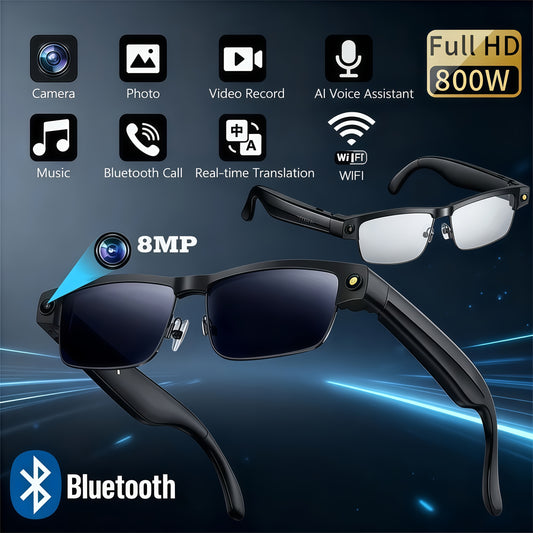 AI Smart Glasses, Equipped With An 8-megapixel Camera, 1080P High-definition Video Recording, Wireless Connection And Wi-Fi Transmission, AI Chat And ChatGPT Model - Wireless Call Music Playback, Real-time Translation Device,
