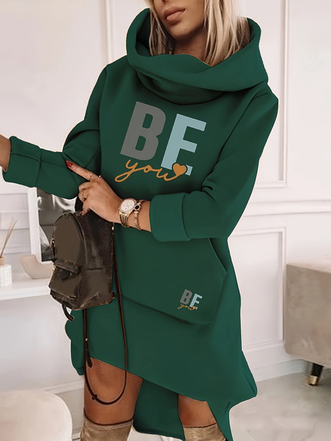 Women'S Stylish Geometric Print Hooded Sweatshirt Dress - Casual Long Sleeve with Pockets, Light Blue, Perfect for Spring/Summer/Fall, Casual Wear Dress | Hooded Sweatshirt Dress | Construction, Sweater Dress
