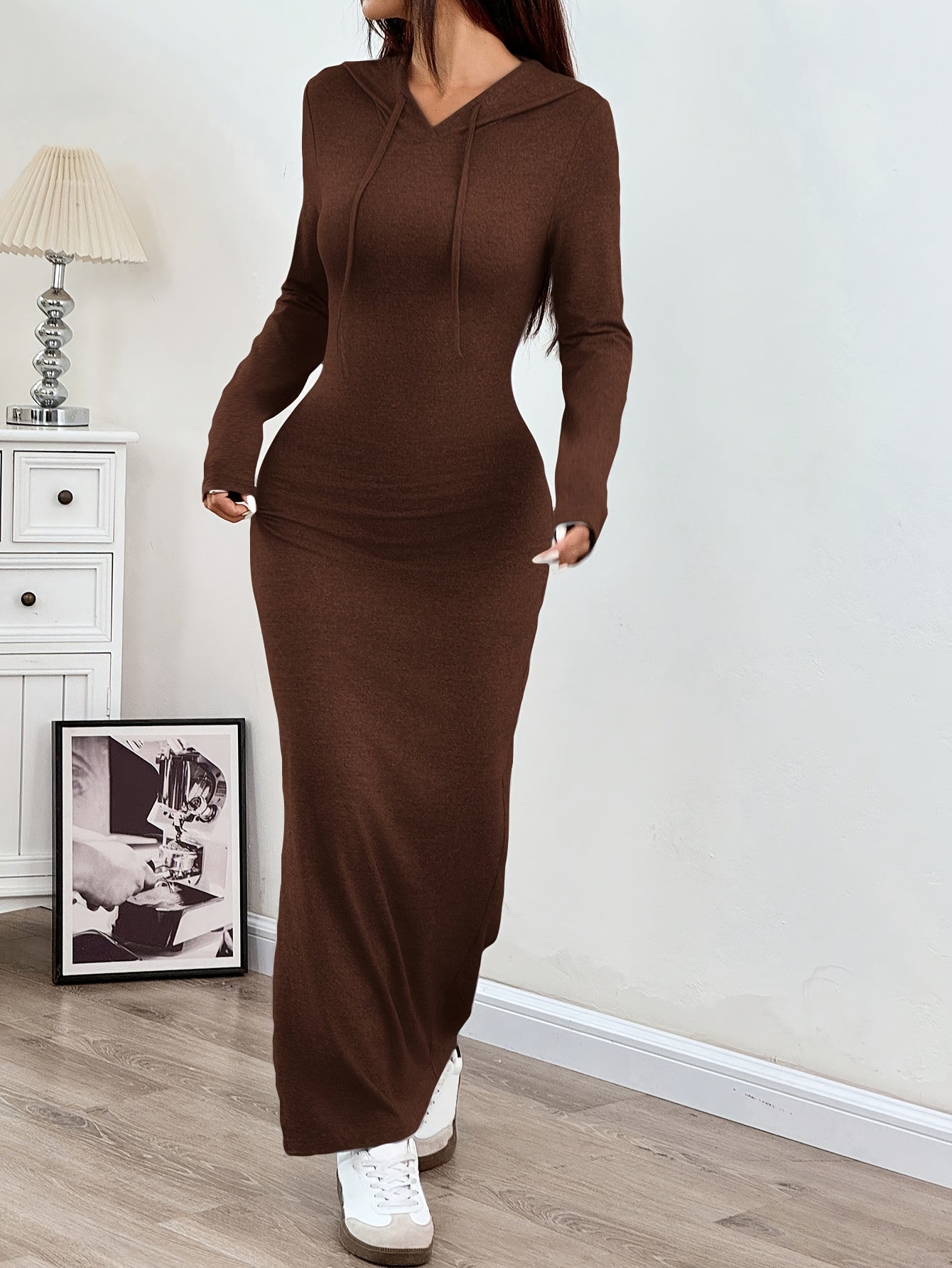 Spring and Autumn New Hooded Long Cross Knee Casual Fashion Dress | Solid Color, Long Sleeve, Bodycon Fit, Slit Hem