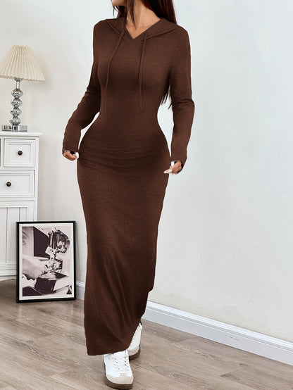 Spring and Autumn New Hooded Long Cross Knee Casual Fashion Dress | Solid Color, Long Sleeve, Bodycon Fit, Slit Hem