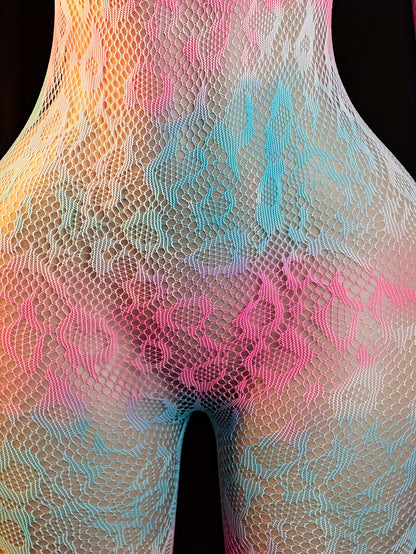 [Vibrant Jumpsuit] Vibrant Ombre Gradient Bodysuit Jumpsuit - Long Sleeve, Sheer Jacquard Design | Sexy, Adult Wear, Adult Clothing, Vibrant Pink, Blue, and Purple Hues