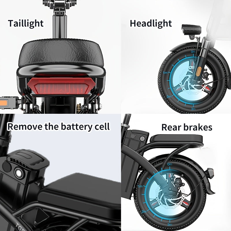 740W Electric Bike, 45 Miles Of Range, 14-inch Folding Electric Bike, Suitable for Teenagers And Adults, 20 Miles Of Speed, Removable Battery, Double Disc Brakes, Front And Rear Suspension, Suitable for Urban Travel, Shopping