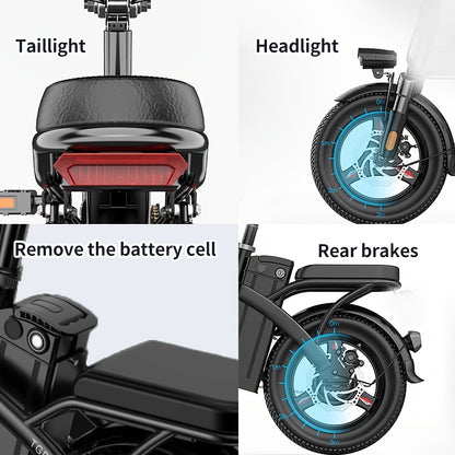 740W Electric Bike, 45 Miles Of Range, 14-inch Folding Electric Bike, Suitable for Teenagers And Adults, 20 Miles Of Speed, Removable Battery, Double Disc Brakes, Front And Rear Suspension, Suitable for Urban Travel, Shopping
