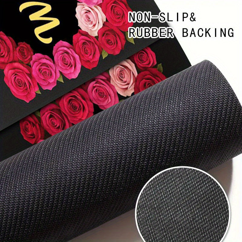 1pc Non-Slip Welcome Doormat - Red Roses & Welcome Golden Lettering on Black Background, High Quality Bathroom Mat, Entryway Mat, Camping Floor Mat - Machine Washable Rubber Backing for Indoor/Outdoor Use - Perfect for Christ