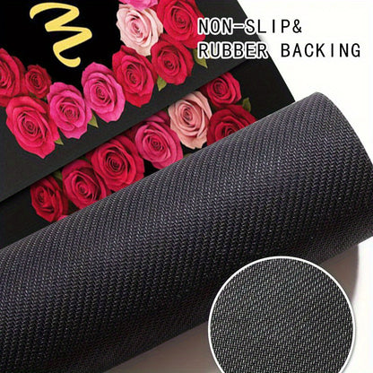 1pc Non-Slip Welcome Doormat - Red Roses & Welcome Golden Lettering on Black Background, High Quality Bathroom Mat, Entryway Mat, Camping Floor Mat - Machine Washable Rubber Backing for Indoor/Outdoor Use - Perfect for Christ