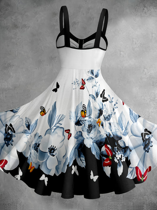 [Retro Print Dress] This fashionable Women's dress features a floral and butterfly print patchwork design. The cinched waist dress is elegant and retro