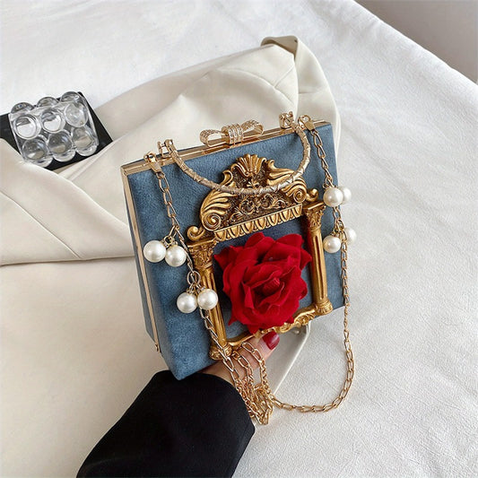 Women's Elegant Vintage Handbag & Wallet Combo - Adjustable Crossbody Bag with Golden-Tone Frame, Red Rose & -like Beads, Blue/Golden Color, Zipper Closure, Detachable Strap for Wedding, Beach, Everyday Purse (Pinkish-Golden)