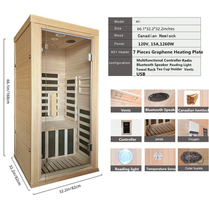 Home Infrared Sauna Room with Graphene Carbon Plate Heater - Canadian Hemlock Wood Cabin, Low-EMF Full-Spectrum, //AUX Stereo & FM Radio, Door & Roof - Portable Indoor Sauna for Spa,